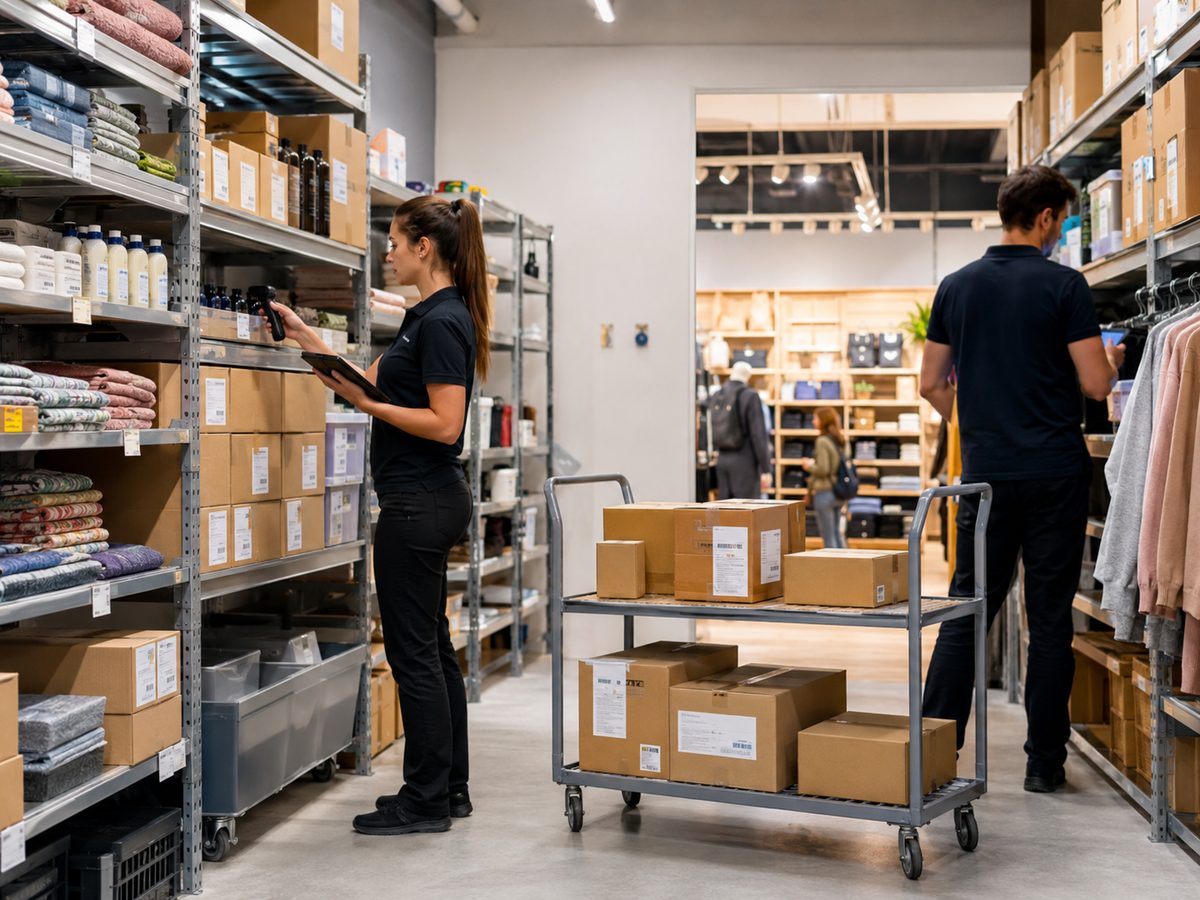 Tienda retail con personal gestionando inventario y reposición